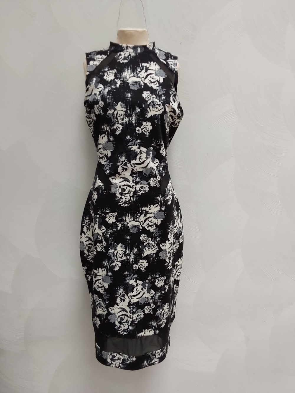 Material Girl Bodycon Sheer Mesh Black and White Floral Sheath Dress S
